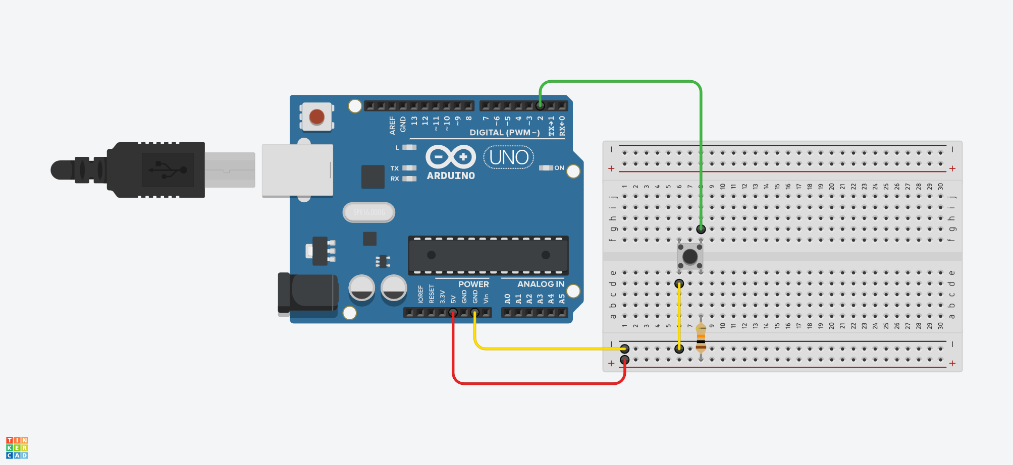 دائرة Arduino UNO على Breadboard: 5V إلى مقاومة 10kΩ، والطرف الآخر للمقاومة متصل بالنقطة نفسها مع D2 وطرف الزر، والطرف الآخر للزر إلى GND