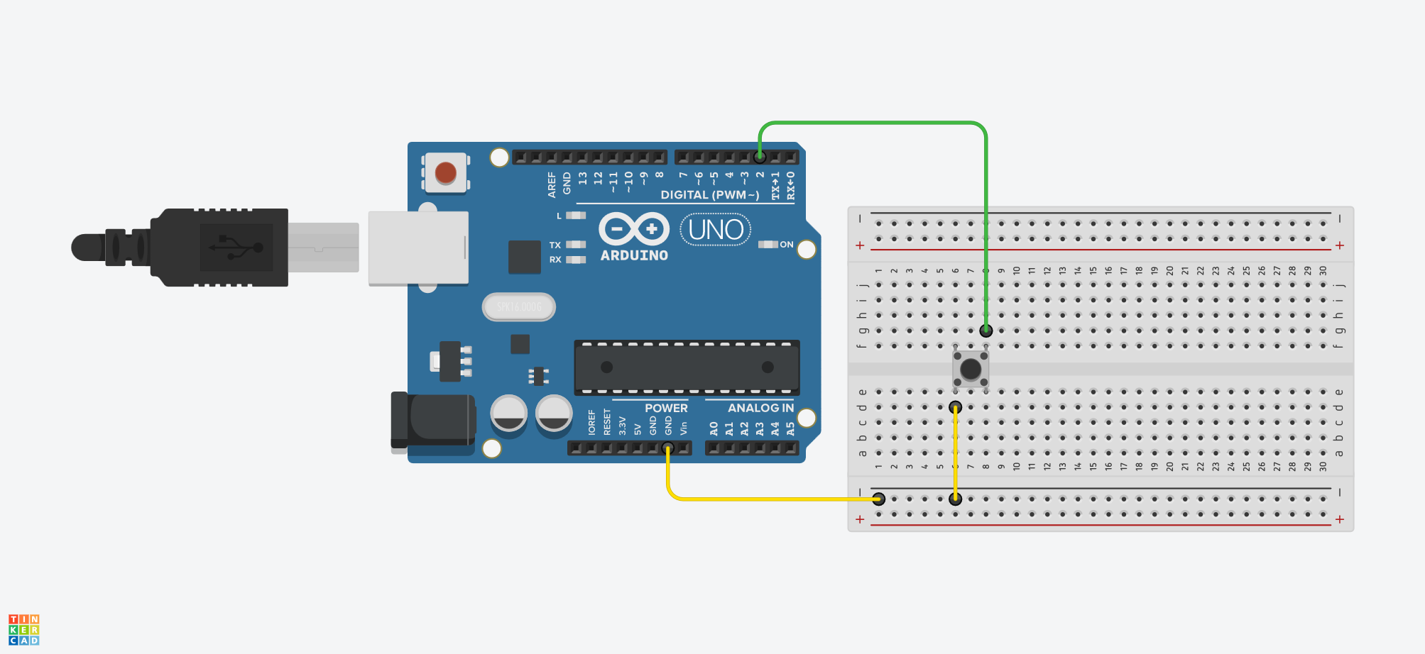 رسم Arduino UNO يوضح مقاومة Pull-up داخلية من 5V إلى D2، وخارج اللوحة زر فقط بين D2 وGND