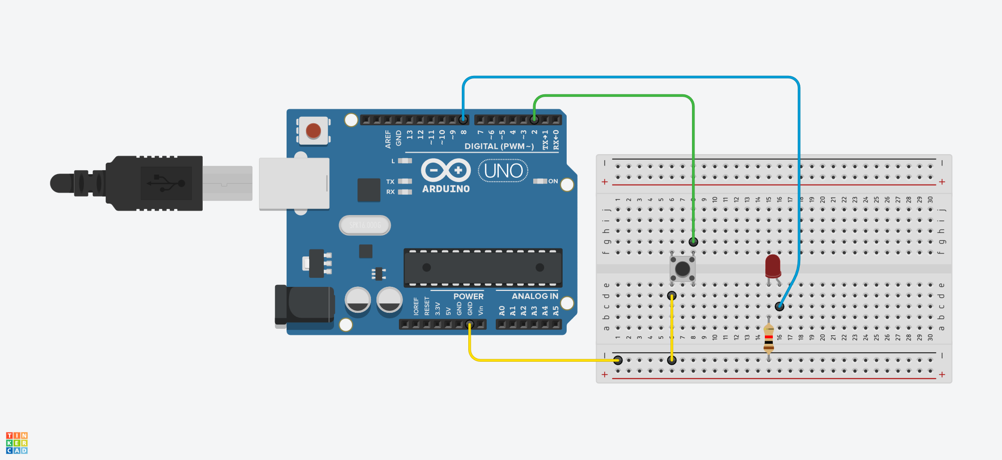 دائرة Arduino UNO متصلة بزر على D2 وLED مع مقاومة 220Ω على D8