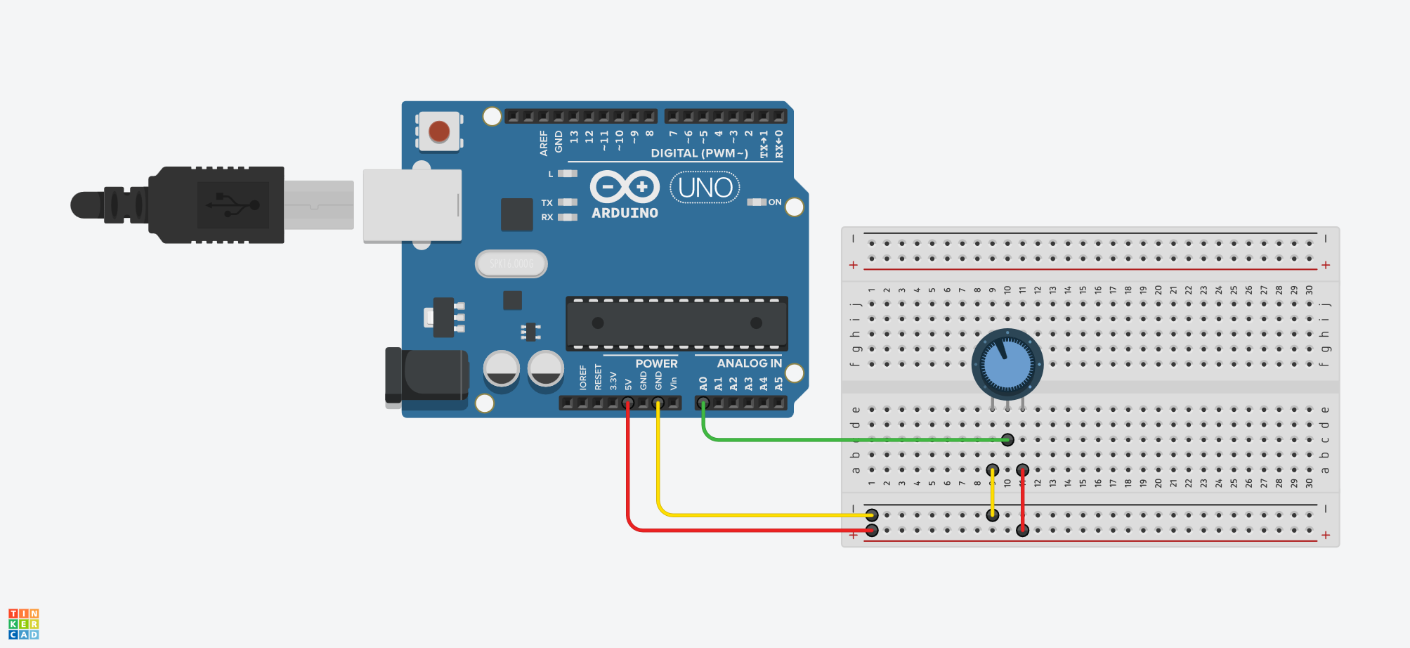 رسم Potentiometer بثلاثة أطراف متصل بـArduino UNO: طرف إلى 5V، والطرف الأوسط إلى A0، والطرف الثالث إلى GND