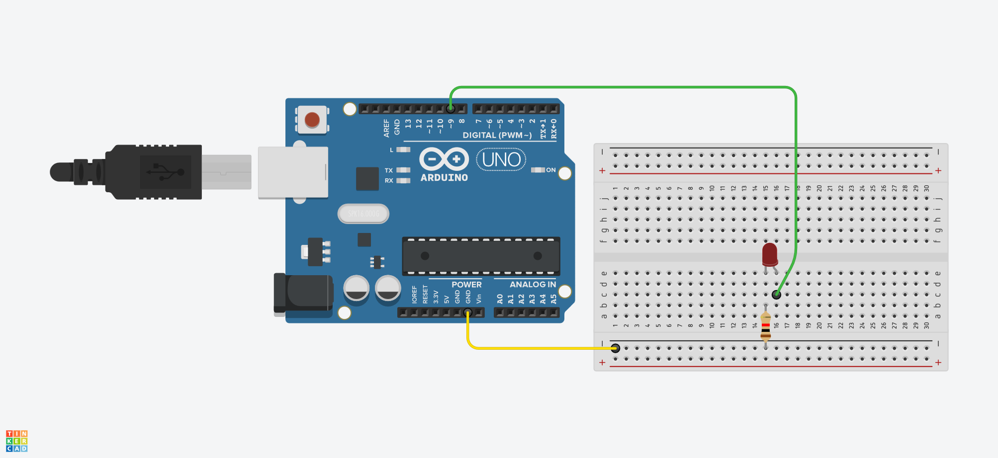 دائرة Arduino UNO من D9 إلى مقاومة 220Ω ثم LED ثم GND، مع عرض عدة درجات لسطوع LED