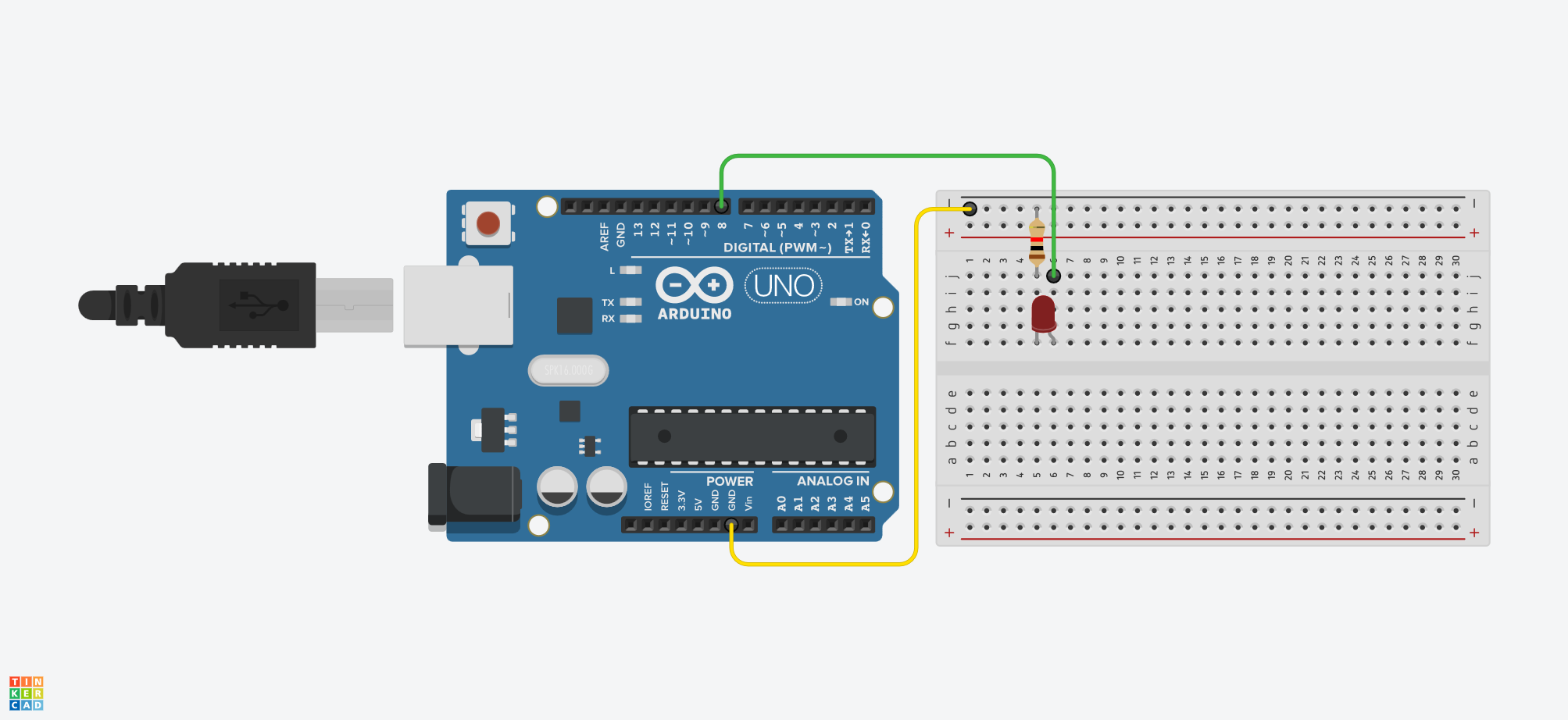 دائرة Arduino UNO توضح D8 متصلًا بمقاومة 220 أوم ثم LED ثم GND