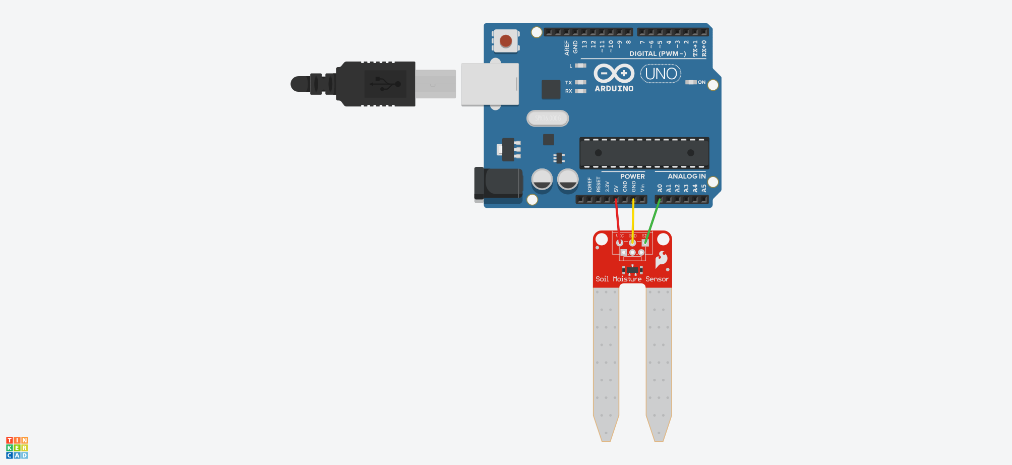 Soil Moisture Sensor في Tinkercad موصل إلى 5V وGND وA0