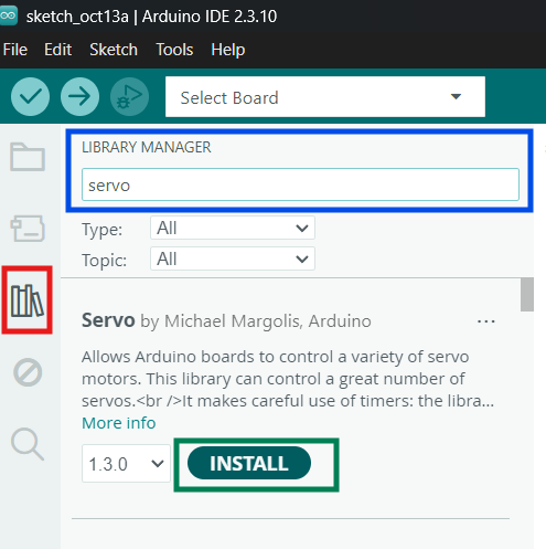 Library Manager في بيئة تطوير أردوينو مع مربع البحث وزر Install