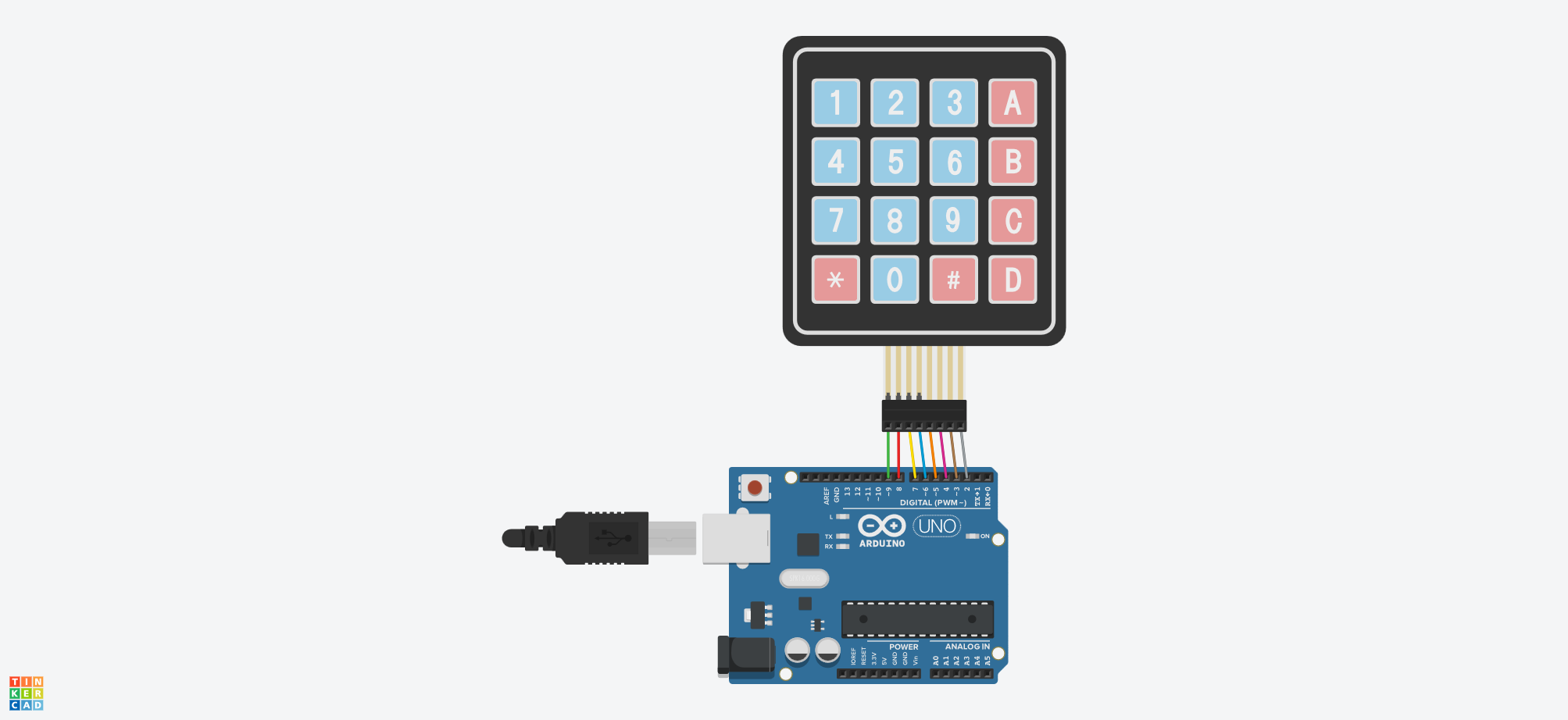 Membrane Keypad 4x4 موصل بمنافذ أردوينو D9 إلى D2