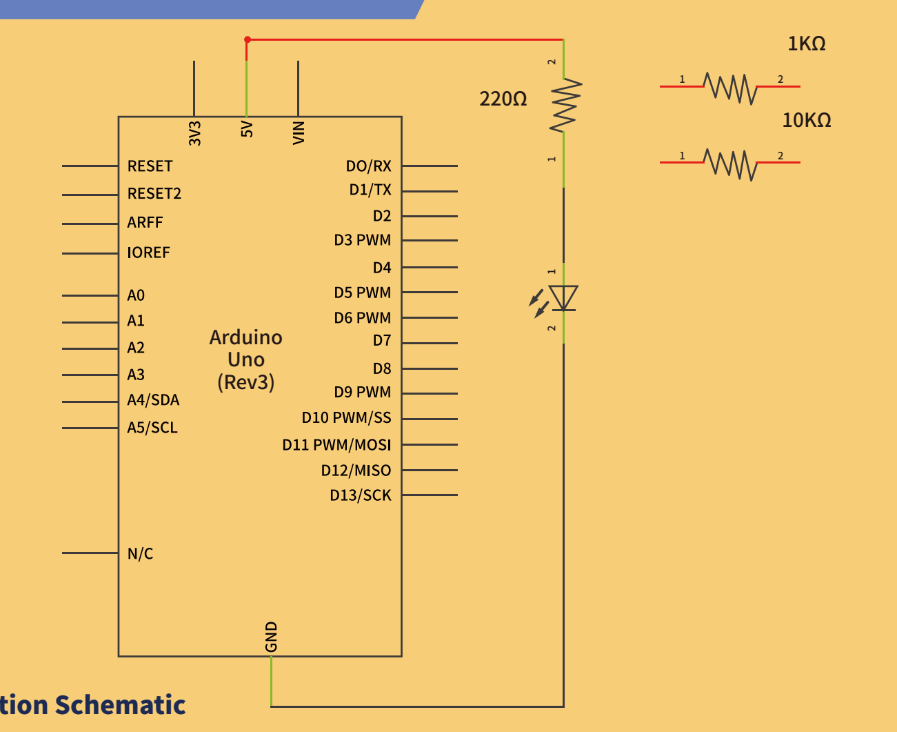 مخطط توصيل LED بمقاومة ومصدر 5V