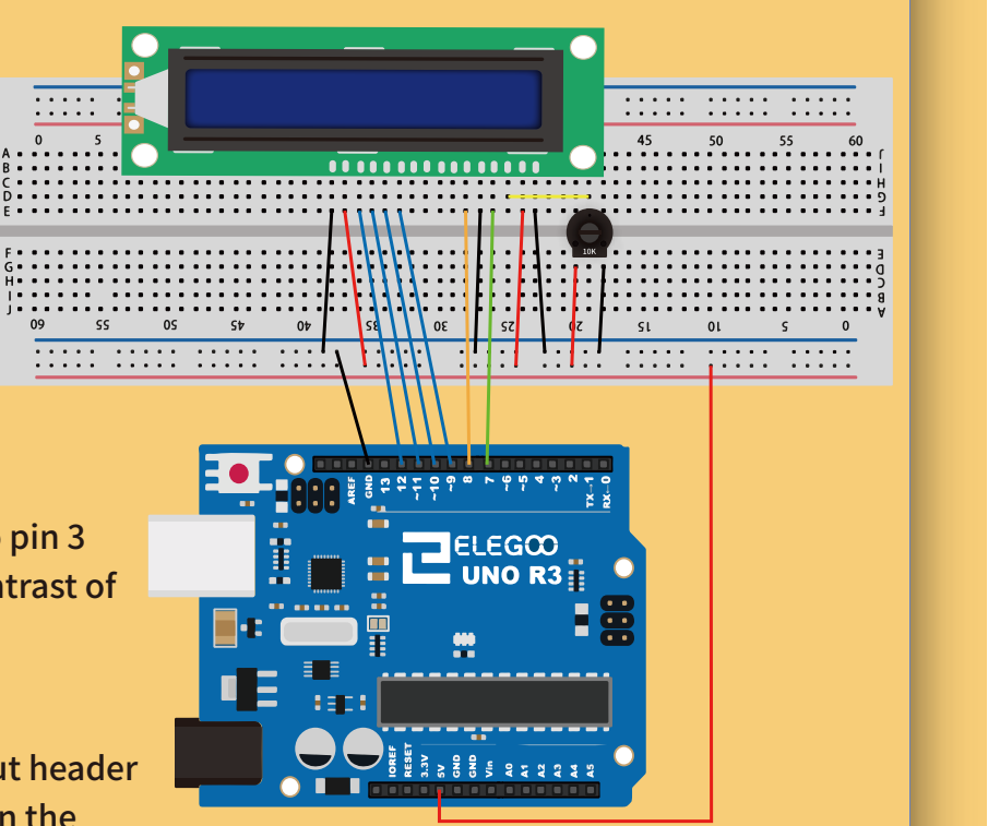 توصيل LCD على لوحة التجارب (Breadboard) مع المقاومة المتغيرة (Potentiometer)