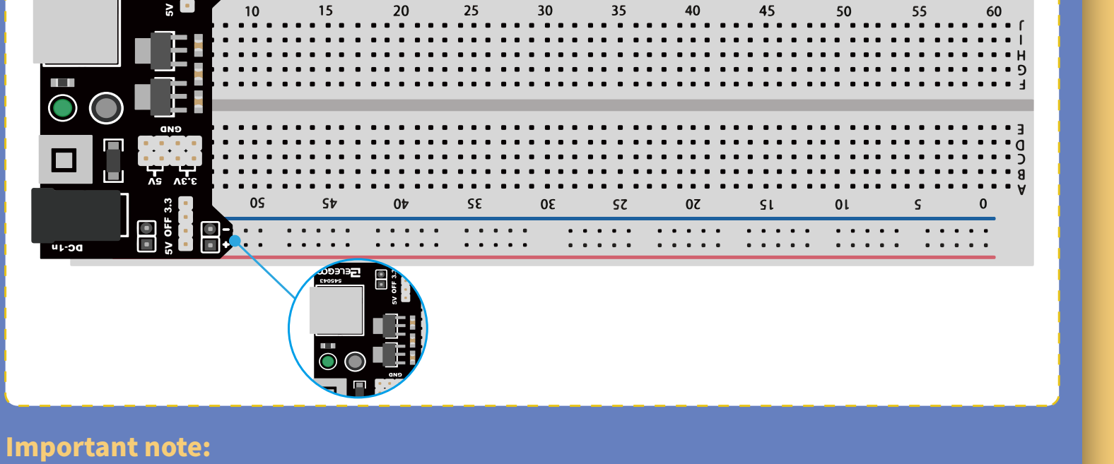 تركيب وحدة التغذية (Power Supply Module) بمحاذاة قطبية لوحة التجارب (Breadboard)
