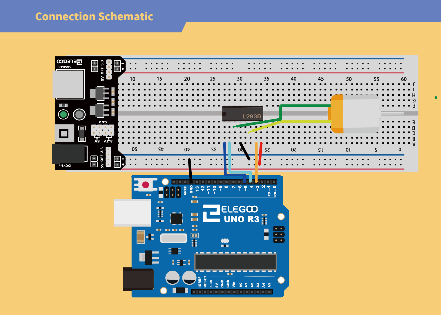 توصيل المحرك ووحدة الطاقة (Power Supply Module) ولوحة أردوينو (UNO R3 Board)