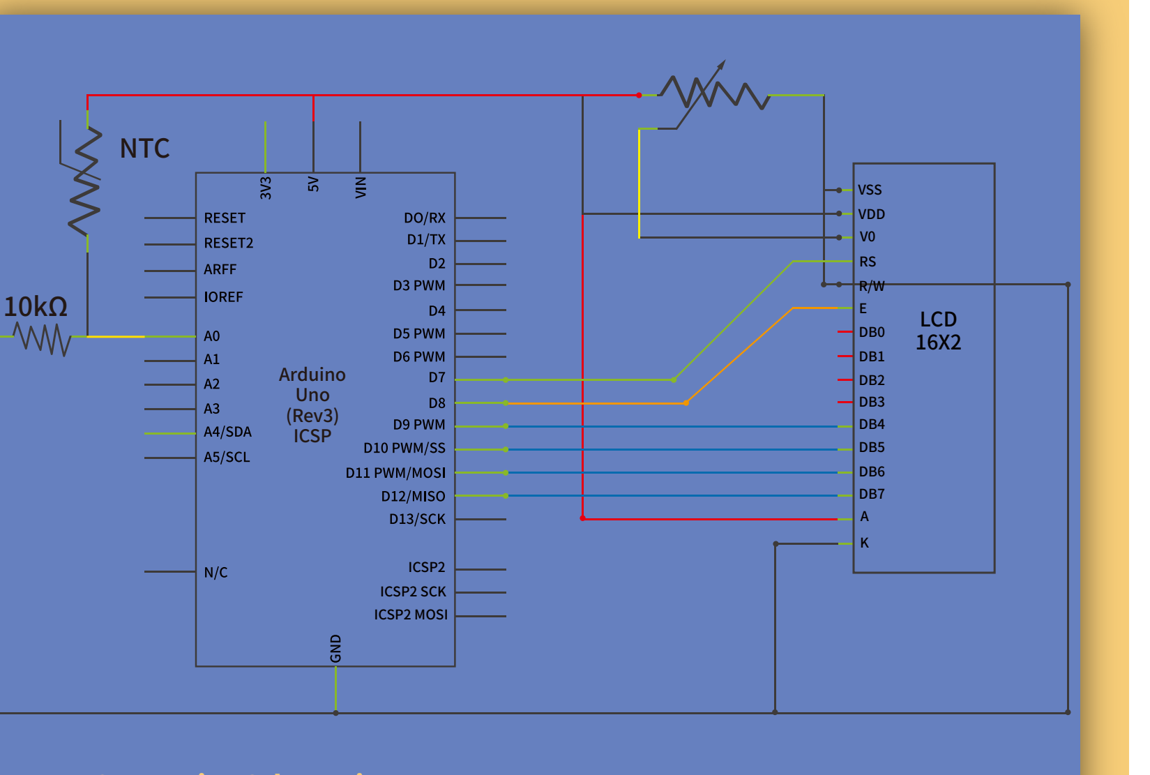 المخطط الكهربائي لمقياس الحرارة (Thermometer) وشاشة العرض (LCD1602 Module)