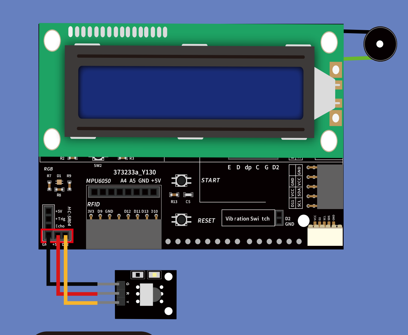 توصيل شاشة العرض (LCD1602 Module) والطنان ومستقبل الأشعة تحت الحمراء (Infrared Receiver Module) بلوحة التوسعة