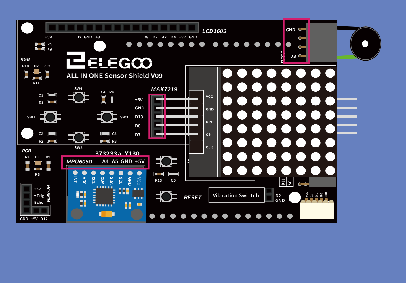 توصيل المصفوفة ووحدة القياس بالقصور الذاتي (MPU-6050 Module) والطنان