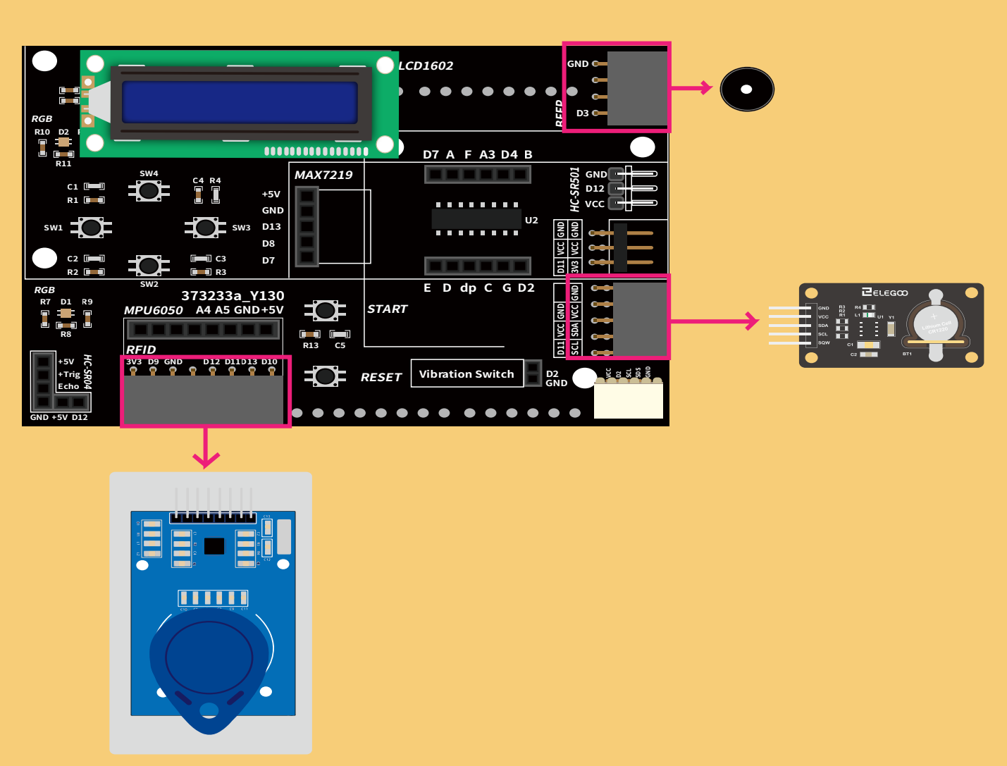 توصيل قارئ البطاقات (RC522 RF Card Module) والشاشة والساعة والطنان