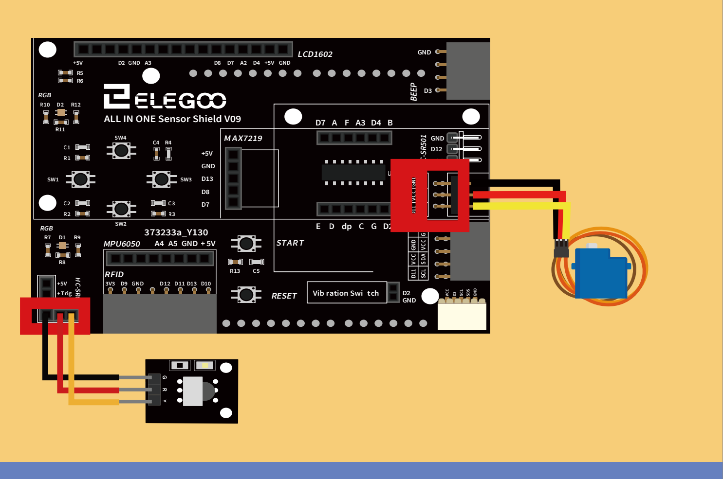 توصيل مستقبل الأشعة تحت الحمراء (Infrared Receiving Module) والمحرك المؤازر (Servo) بلوحة التوسعة